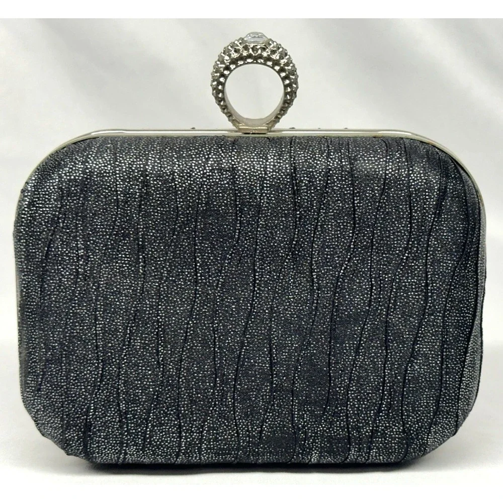 Sparkly Clutch Purse Faux Rhinestone Ring Closure Silver Chain Shoulder Strap‎
